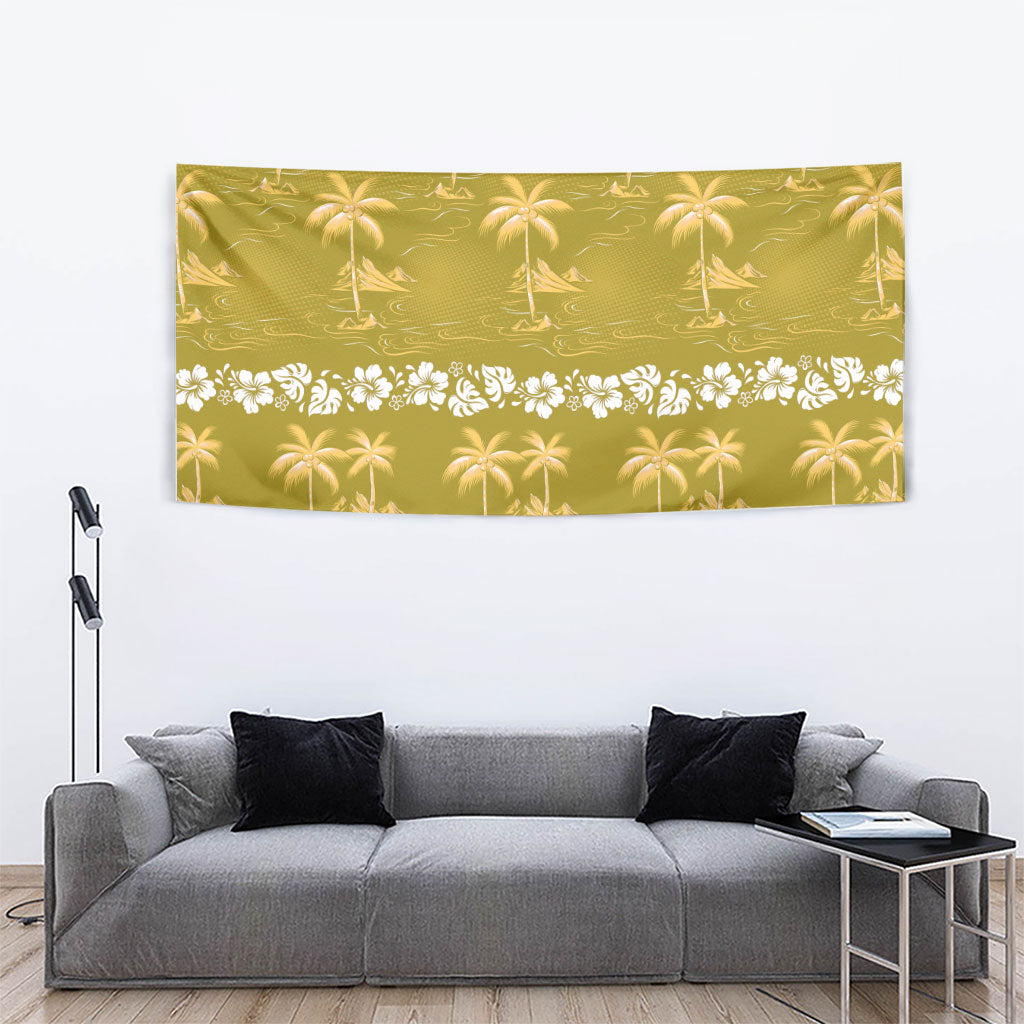 Yellow Hawaii Palm Tree Hibiscus Tapestry Fantasy Summer Vibe