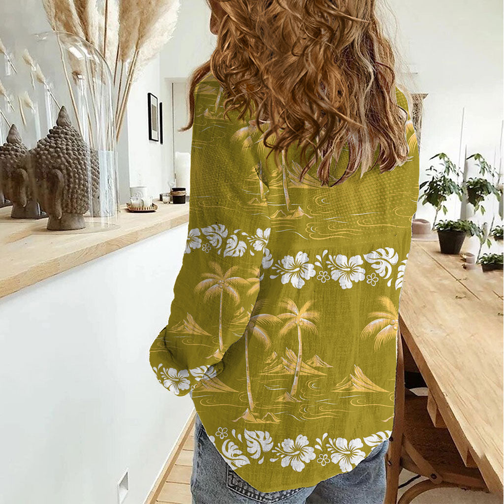 Yellow Hawaii Palm Tree Hibiscus Women Casual Shirt Fantasy Summer Vibe LT01 - Polynesian Pride