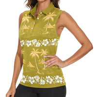 Yellow Hawaii Palm Tree Hibiscus Women Sleeveless Polo Shirt Fantasy Summer Vibe LT01 - Polynesian Pride
