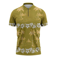 Yellow Hawaii Palm Tree Hibiscus Zipper Polo Shirt Fantasy Summer Vibe