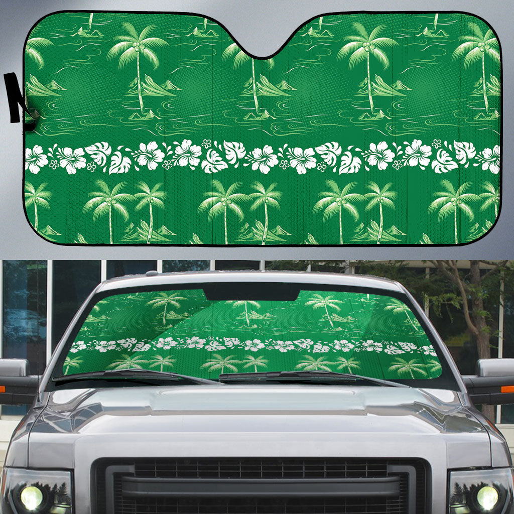Green Hawaii Palm Tree Hibiscus Auto Sun Shade Fantasy Summer Vibe LT01 Green - Polynesian Pride