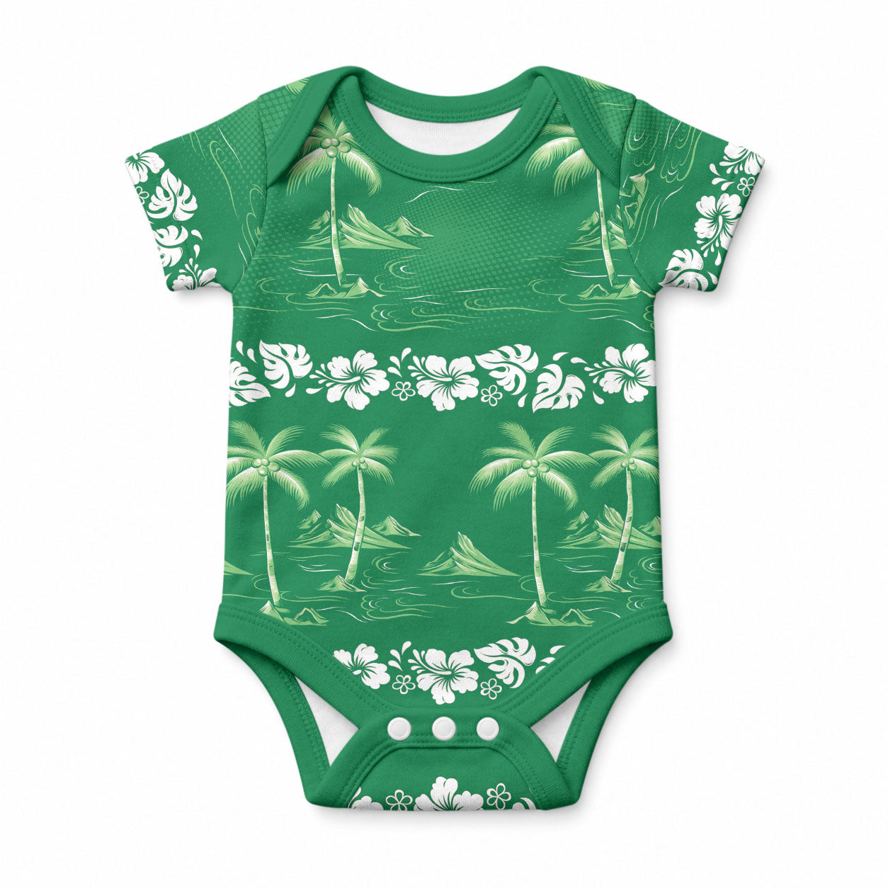 Green Hawaii Palm Tree Hibiscus Baby Onesie Fantasy Summer Vibe LT01 Green - Polynesian Pride
