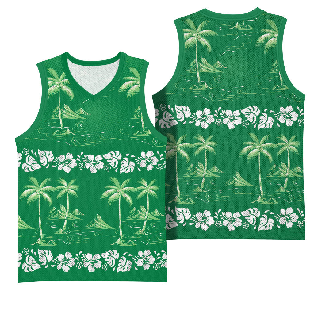 Green Hawaii Palm Tree Hibiscus Basketball Jersey Fantasy Summer Vibe LT01 - Polynesian Pride