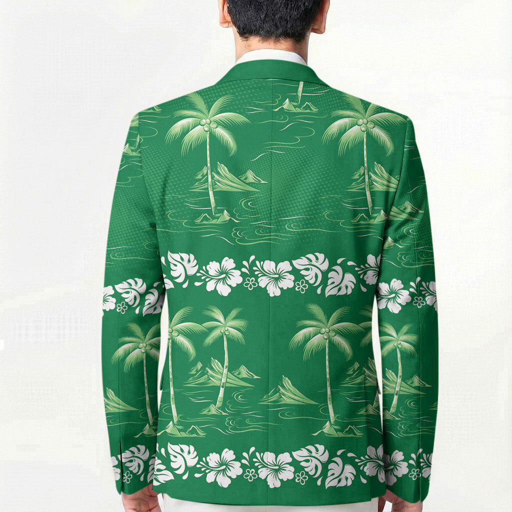 Green Hawaii Palm Tree Hibiscus Blazer Fantasy Summer Vibe