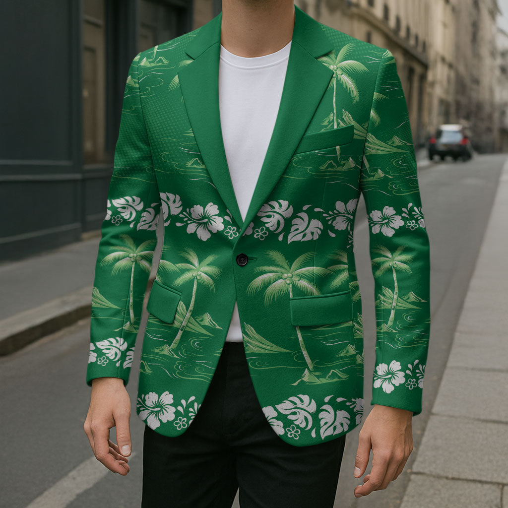 Green Hawaii Palm Tree Hibiscus Blazer Fantasy Summer Vibe