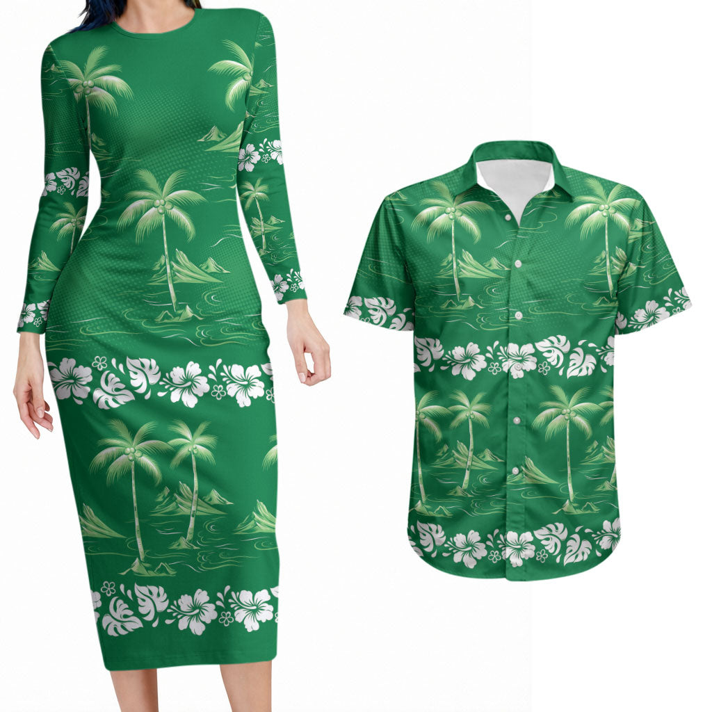 Green Hawaii Palm Tree Hibiscus Couples Matching Long Sleeve Bodycon Dress and Hawaiian Shirt Fantasy Summer Vibe LT01 Green - Polynesian Pride