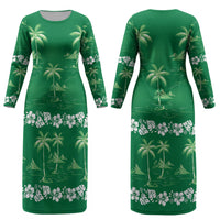 Green Hawaii Palm Tree Hibiscus Couples Matching Long Sleeve Bodycon Dress and Hawaiian Shirt Fantasy Summer Vibe LT01 - Polynesian Pride