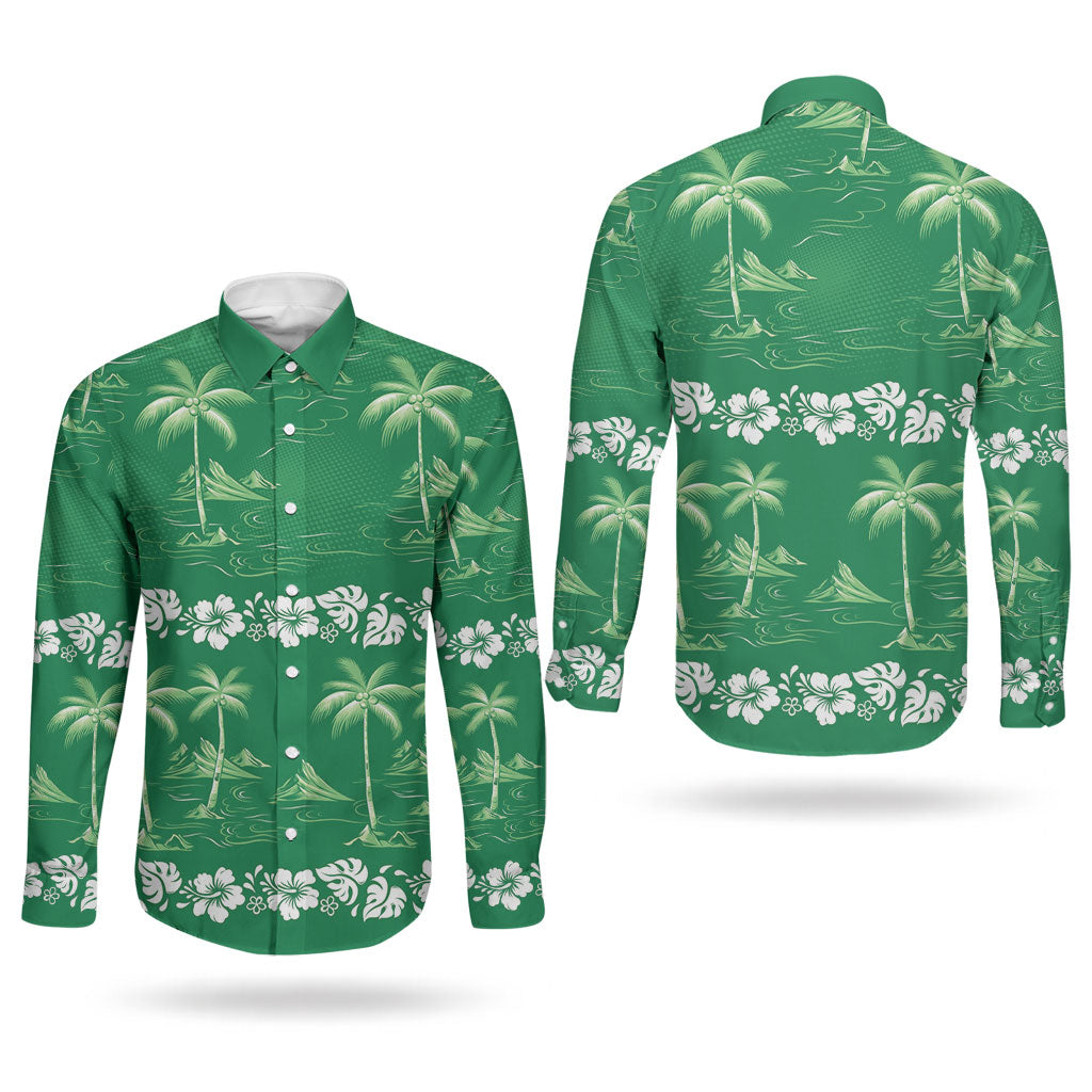 Green Hawaii Palm Tree Hibiscus Couples Matching Long Sleeve Bodycon Dress and Long Sleeve Button Shirt Fantasy Summer Vibe