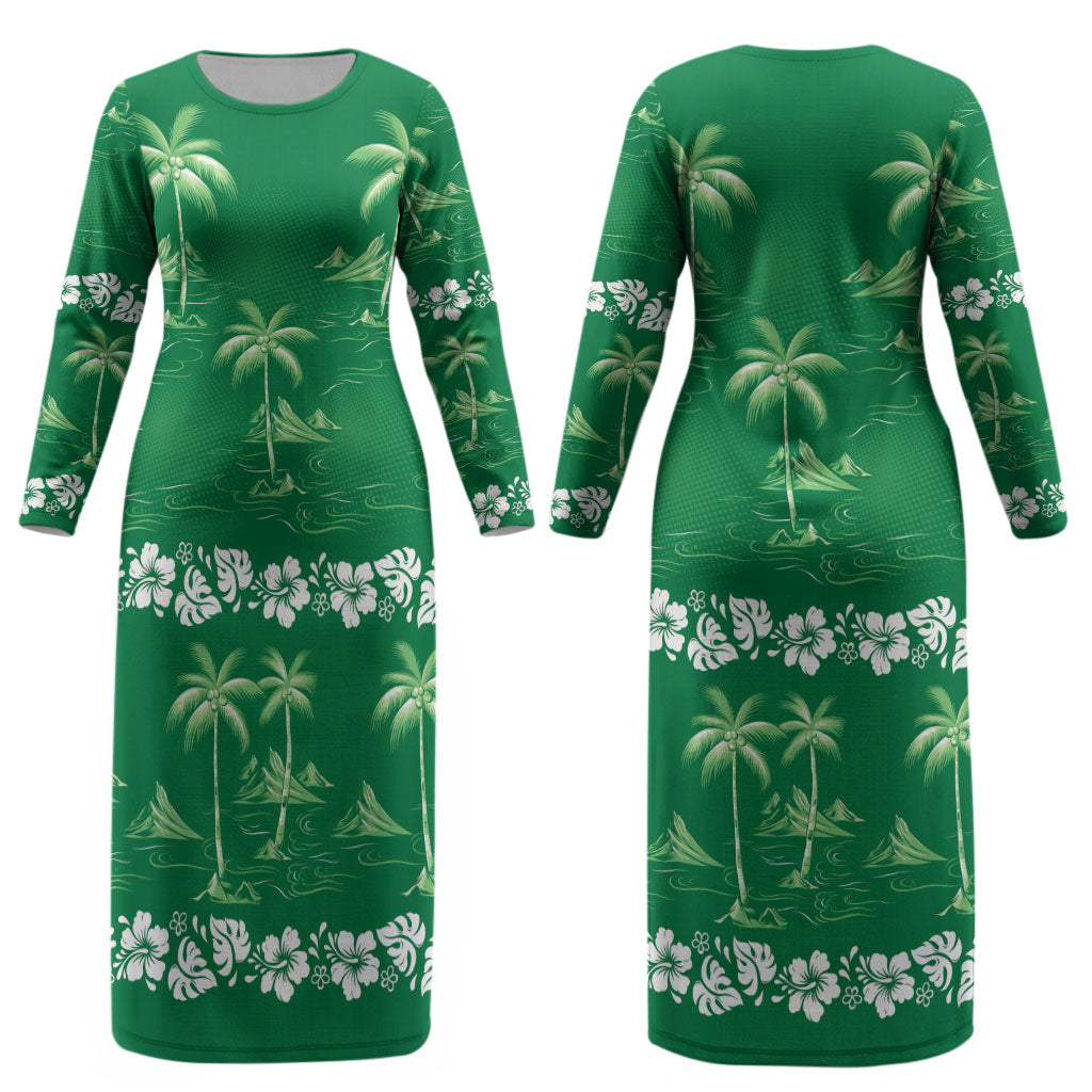 Green Hawaii Palm Tree Hibiscus Couples Matching Long Sleeve Bodycon Dress and Long Sleeve Button Shirt Fantasy Summer Vibe