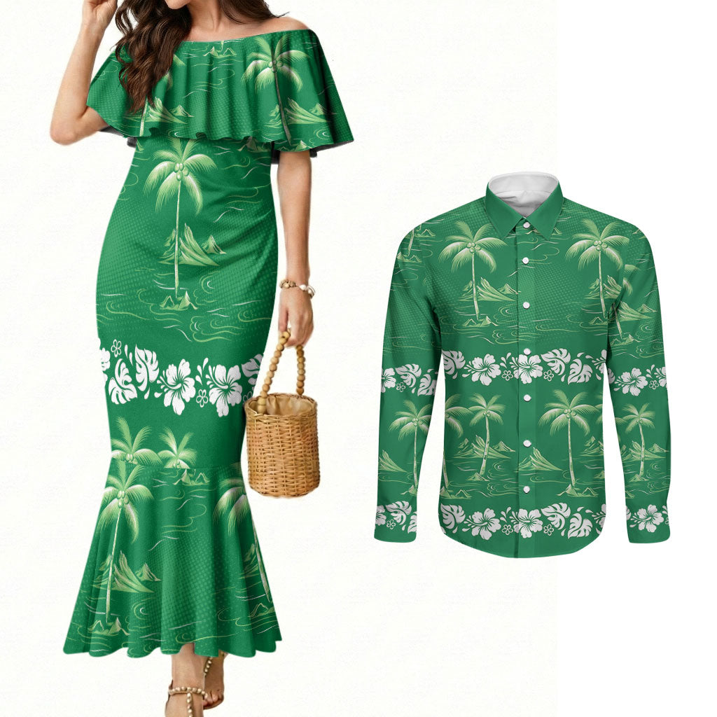 Green Hawaii Palm Tree Hibiscus Couples Matching Mermaid Dress and Long Sleeve Button Shirt Fantasy Summer Vibe
