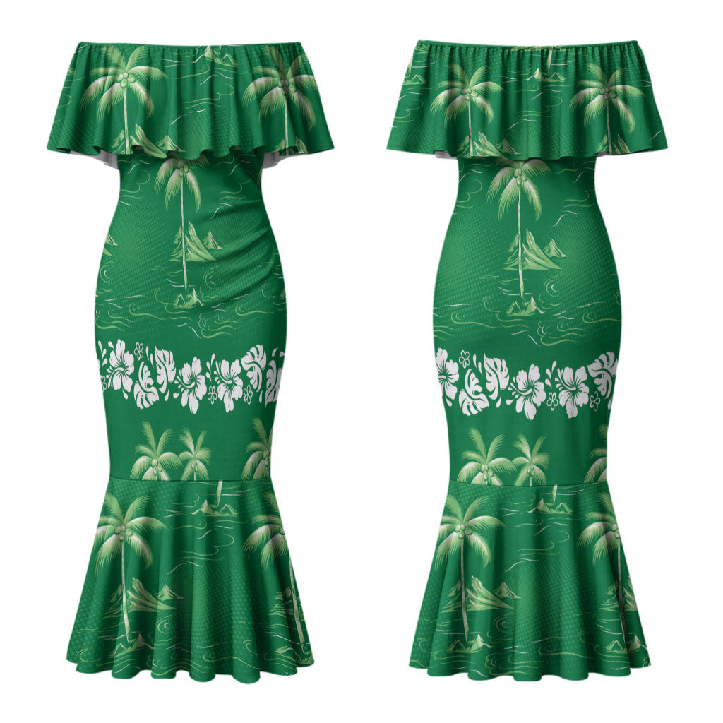 Green Hawaii Palm Tree Hibiscus Couples Matching Mermaid Dress and Long Sleeve Button Shirt Fantasy Summer Vibe