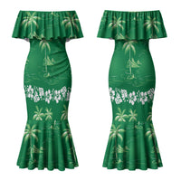 Green Hawaii Palm Tree Hibiscus Couples Matching Mermaid Dress and Long Sleeve Button Shirt Fantasy Summer Vibe