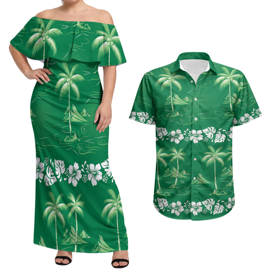 Green Hawaii Palm Tree Hibiscus Couples Matching Off Shoulder Maxi Dress and Hawaiian Shirt Fantasy Summer Vibe