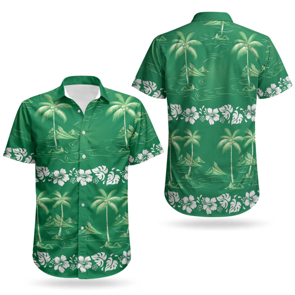 Green Hawaii Palm Tree Hibiscus Couples Matching Off Shoulder Maxi Dress and Hawaiian Shirt Fantasy Summer Vibe