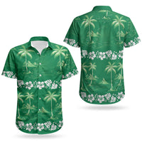 Green Hawaii Palm Tree Hibiscus Couples Matching Off Shoulder Maxi Dress and Hawaiian Shirt Fantasy Summer Vibe