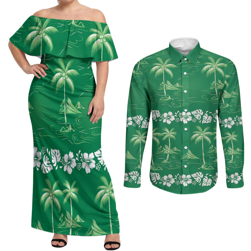 Green Hawaii Palm Tree Hibiscus Couples Matching Off Shoulder Maxi Dress and Long Sleeve Button Shirt Fantasy Summer Vibe