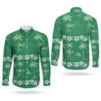 Green Hawaii Palm Tree Hibiscus Couples Matching Off Shoulder Maxi Dress and Long Sleeve Button Shirt Fantasy Summer Vibe