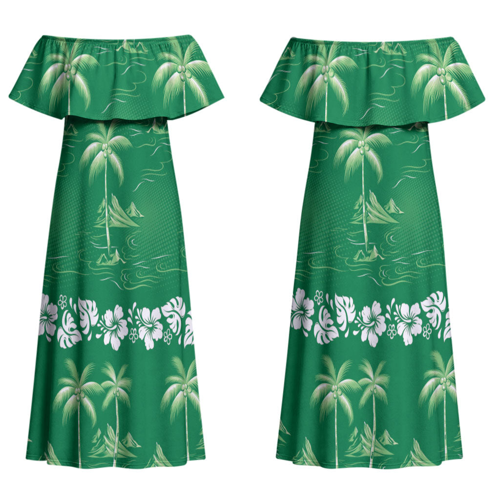 Green Hawaii Palm Tree Hibiscus Couples Matching Off Shoulder Maxi Dress and Long Sleeve Button Shirt Fantasy Summer Vibe