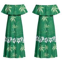 Green Hawaii Palm Tree Hibiscus Couples Matching Off Shoulder Maxi Dress and Long Sleeve Button Shirt Fantasy Summer Vibe