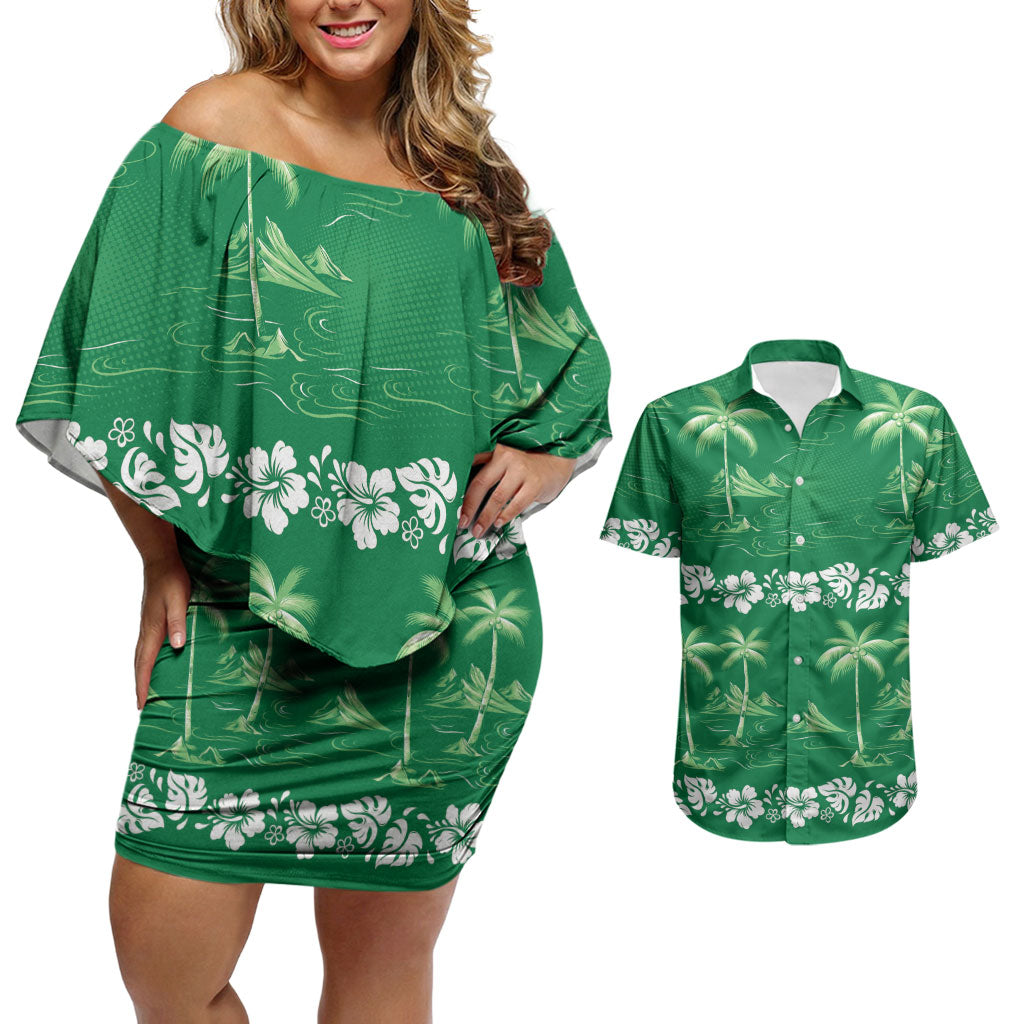 Green Hawaii Palm Tree Hibiscus Couples Matching Off Shoulder Short Dress and Hawaiian Shirt Fantasy Summer Vibe