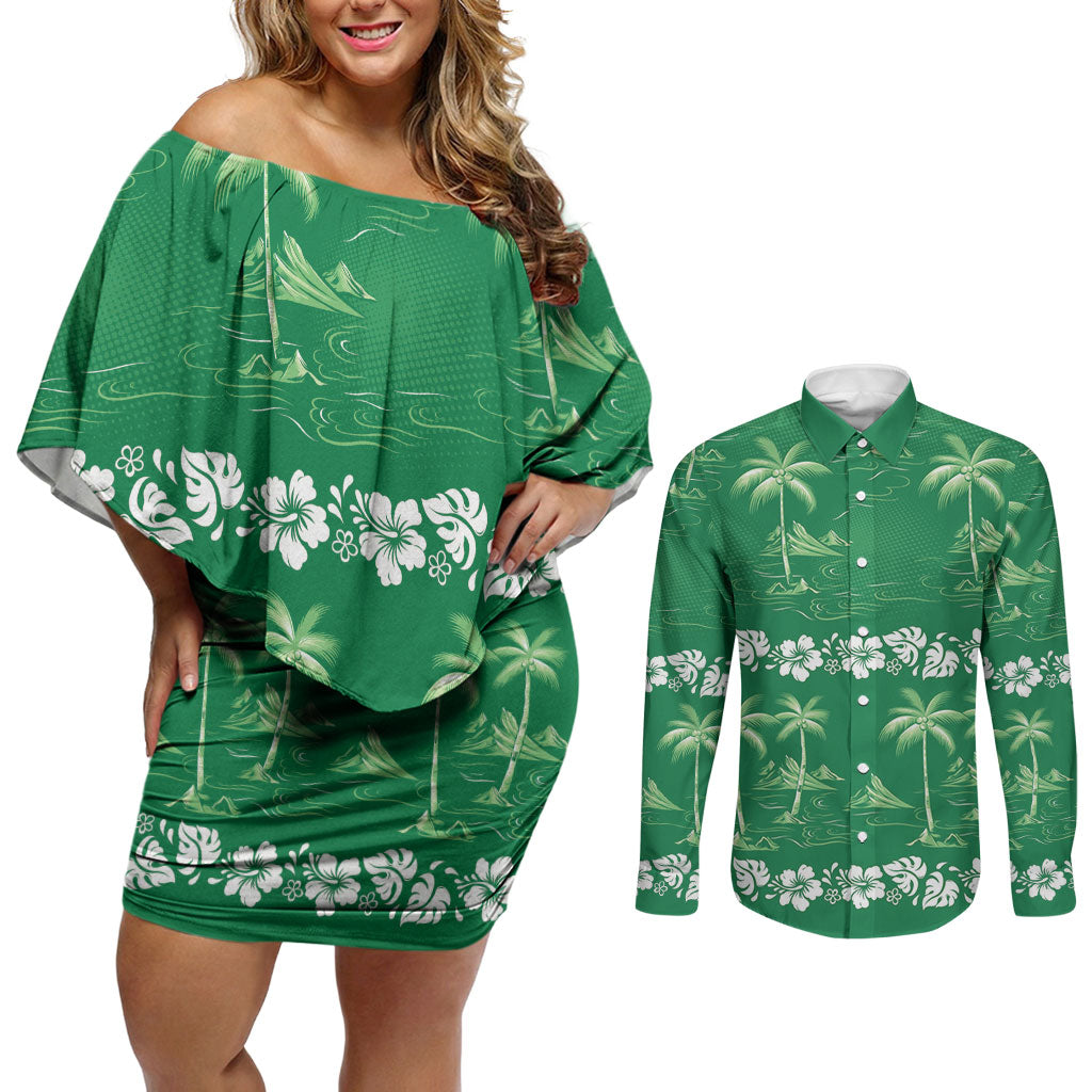Green Hawaii Palm Tree Hibiscus Couples Matching Off Shoulder Short Dress and Long Sleeve Button Shirt Fantasy Summer Vibe