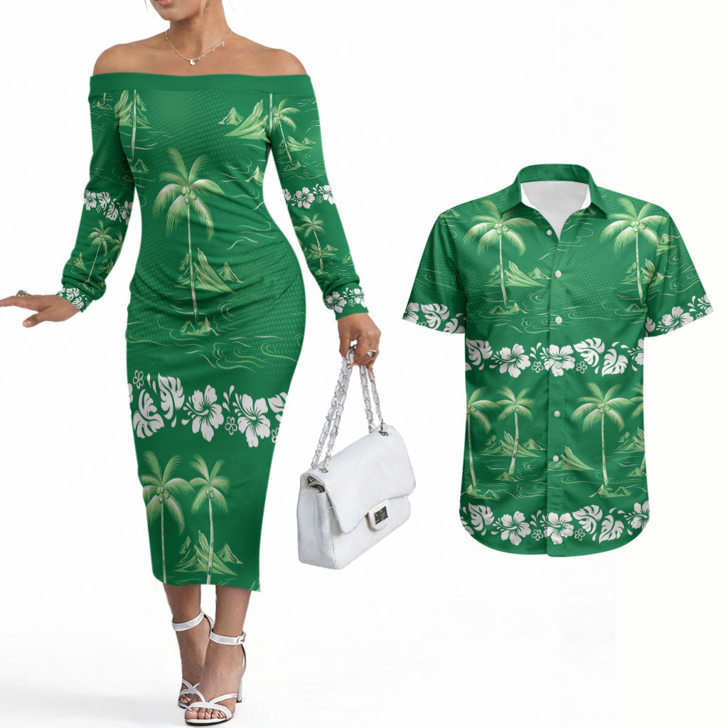 Green Hawaii Palm Tree Hibiscus Couples Matching Off The Shoulder Long Sleeve Dress and Hawaiian Shirt Fantasy Summer Vibe LT01 Green - Polynesian Pride