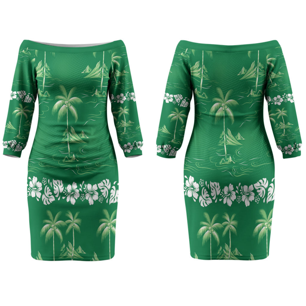 Green Hawaii Palm Tree Hibiscus Couples Matching Off The Shoulder Long Sleeve Dress and Hawaiian Shirt Fantasy Summer Vibe LT01 - Polynesian Pride