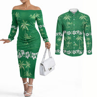 Green Hawaii Palm Tree Hibiscus Couples Matching Off The Shoulder Long Sleeve Dress and Long Sleeve Button Shirt Fantasy Summer Vibe LT01 Green - Polynesian Pride