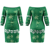 Green Hawaii Palm Tree Hibiscus Couples Matching Off The Shoulder Long Sleeve Dress and Long Sleeve Button Shirt Fantasy Summer Vibe LT01 - Polynesian Pride