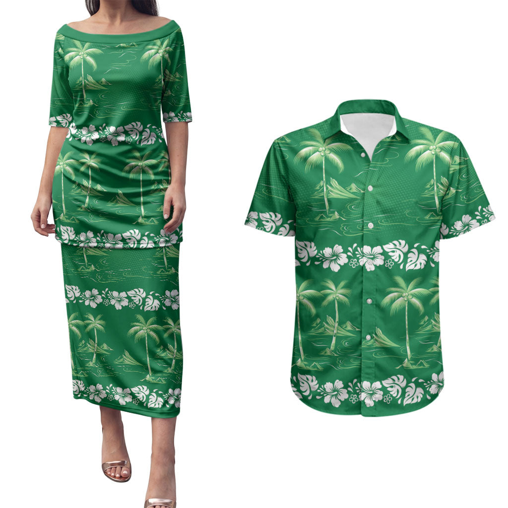 Green Hawaii Palm Tree Hibiscus Couples Matching Puletasi and Hawaiian Shirt Fantasy Summer Vibe LT01 Green - Polynesian Pride