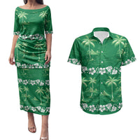Green Hawaii Palm Tree Hibiscus Couples Matching Puletasi and Hawaiian Shirt Fantasy Summer Vibe LT01 Green - Polynesian Pride