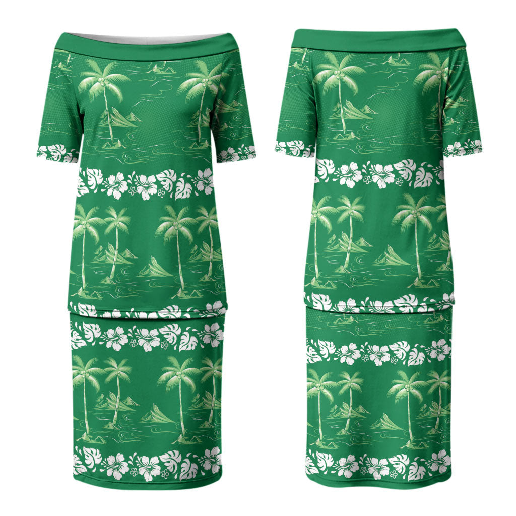 Green Hawaii Palm Tree Hibiscus Couples Matching Puletasi and Hawaiian Shirt Fantasy Summer Vibe LT01 - Polynesian Pride