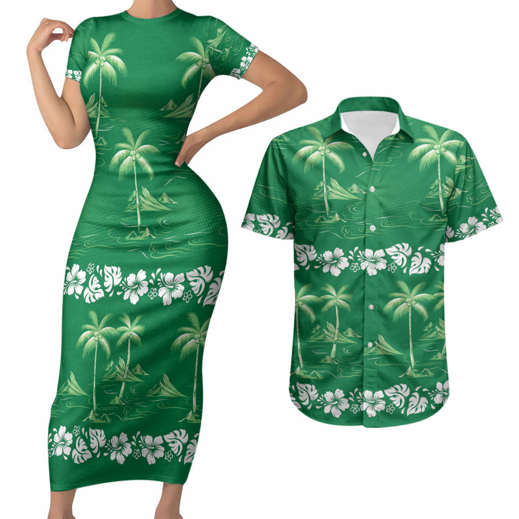 Green Hawaii Palm Tree Hibiscus Couples Matching Short Sleeve Bodycon Dress and Hawaiian Shirt Fantasy Summer Vibe LT01 Green - Polynesian Pride