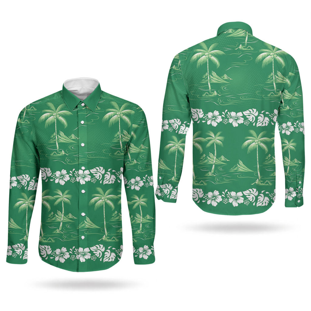 Green Hawaii Palm Tree Hibiscus Couples Matching Short Sleeve Bodycon Dress and Long Sleeve Button Shirt Fantasy Summer Vibe