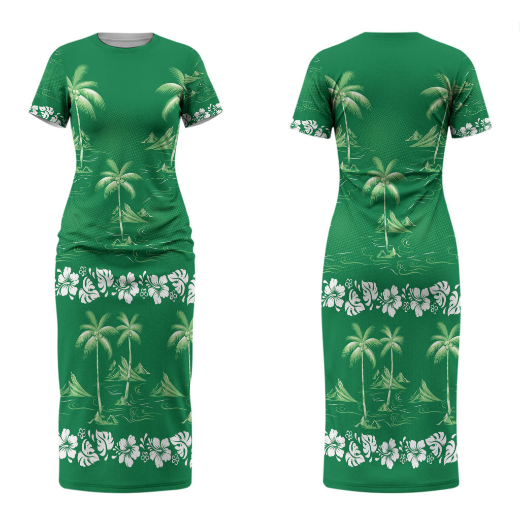 Green Hawaii Palm Tree Hibiscus Couples Matching Short Sleeve Bodycon Dress and Long Sleeve Button Shirt Fantasy Summer Vibe