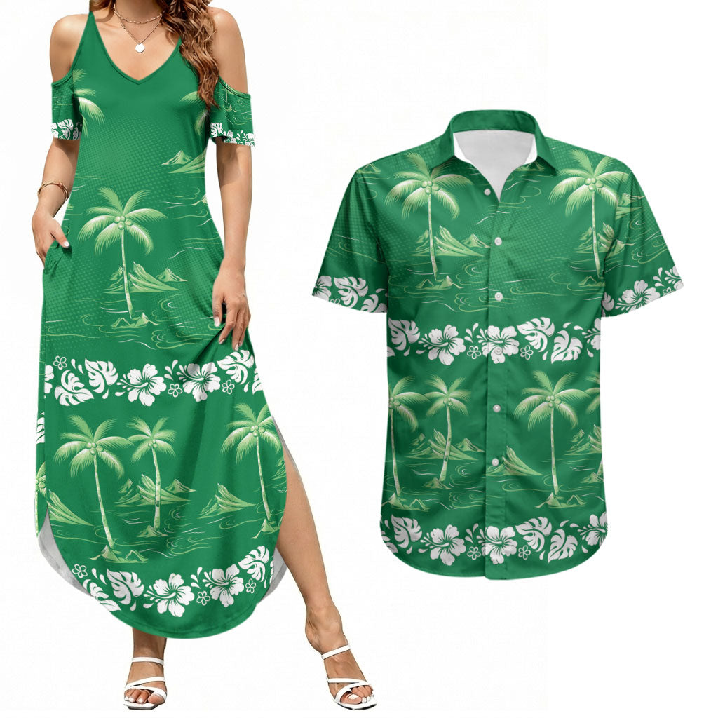 Green Hawaii Palm Tree Hibiscus Couples Matching Summer Maxi Dress and Hawaiian Shirt Fantasy Summer Vibe LT01 Green - Polynesian Pride