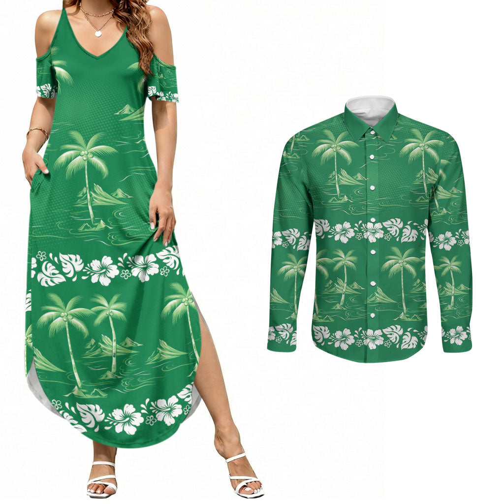 Green Hawaii Palm Tree Hibiscus Couples Matching Summer Maxi Dress and Long Sleeve Button Shirt Fantasy Summer Vibe