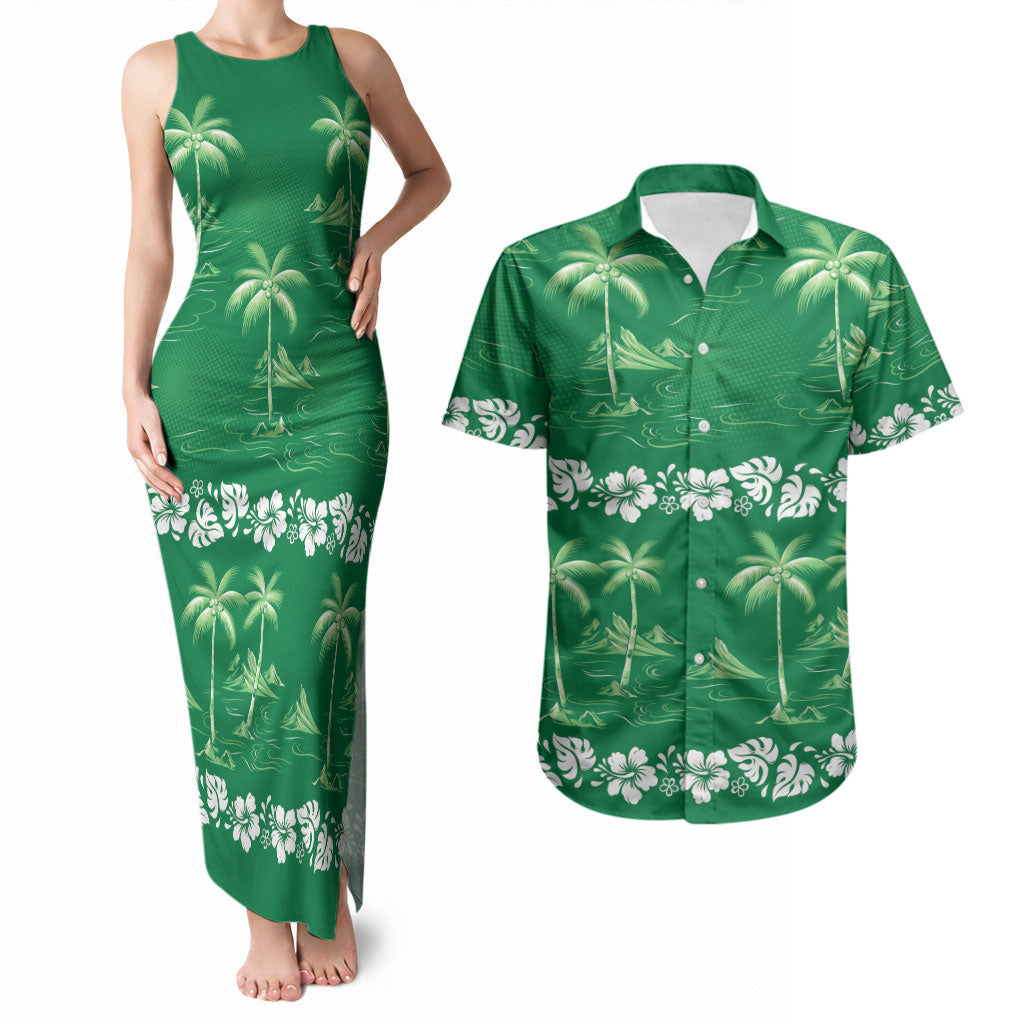 Green Hawaii Palm Tree Hibiscus Couples Matching Tank Maxi Dress and Hawaiian Shirt Fantasy Summer Vibe LT01 Green - Polynesian Pride