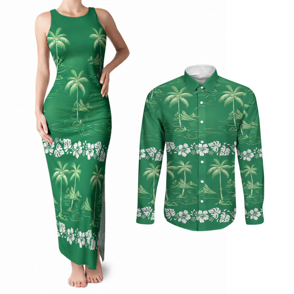 Green Hawaii Palm Tree Hibiscus Couples Matching Tank Maxi Dress and Long Sleeve Button Shirt Fantasy Summer Vibe