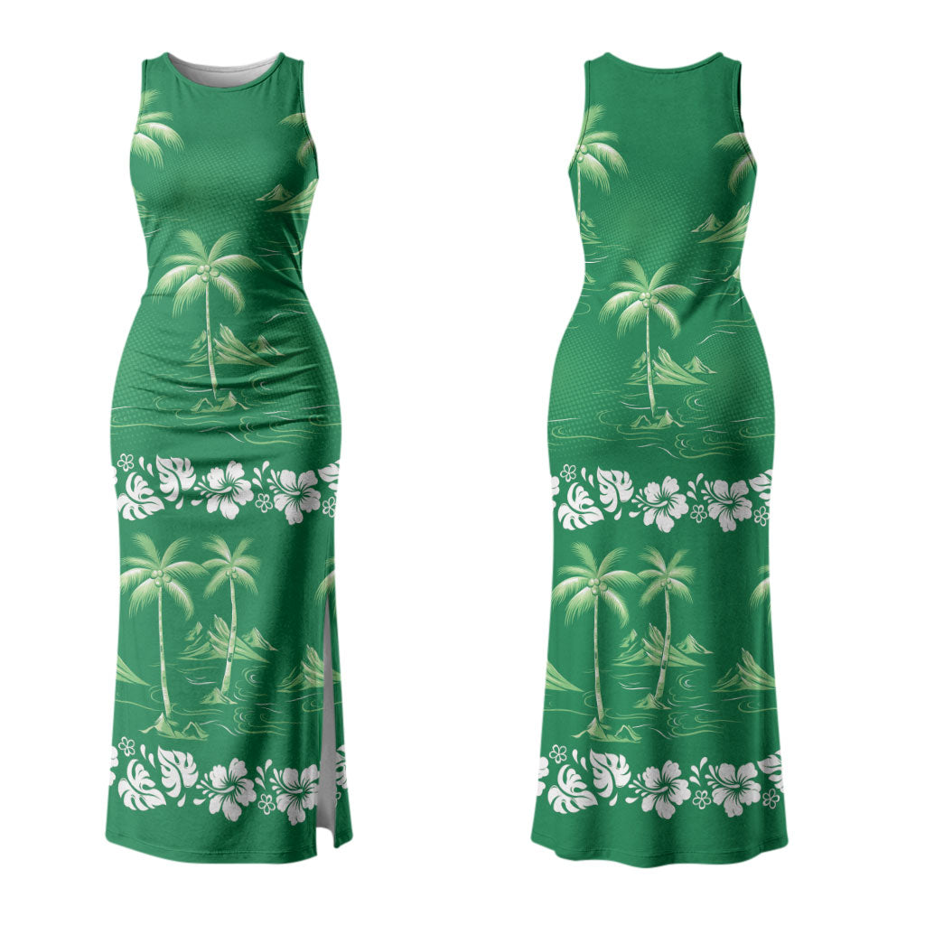 Green Hawaii Palm Tree Hibiscus Couples Matching Tank Maxi Dress and Long Sleeve Button Shirt Fantasy Summer Vibe