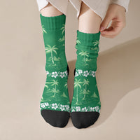 Green Hawaii Palm Tree Hibiscus Crew Socks Fantasy Summer Vibe LT01 Crew Socks Green - Polynesian Pride