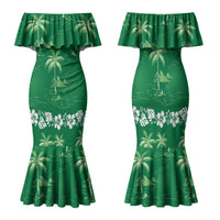 Green Hawaii Palm Tree Hibiscus Family Matching Mermaid Dress and Hawaiian Shirt Fantasy Summer Vibe LT01 Mom's Dress Green - Polynesian Pride