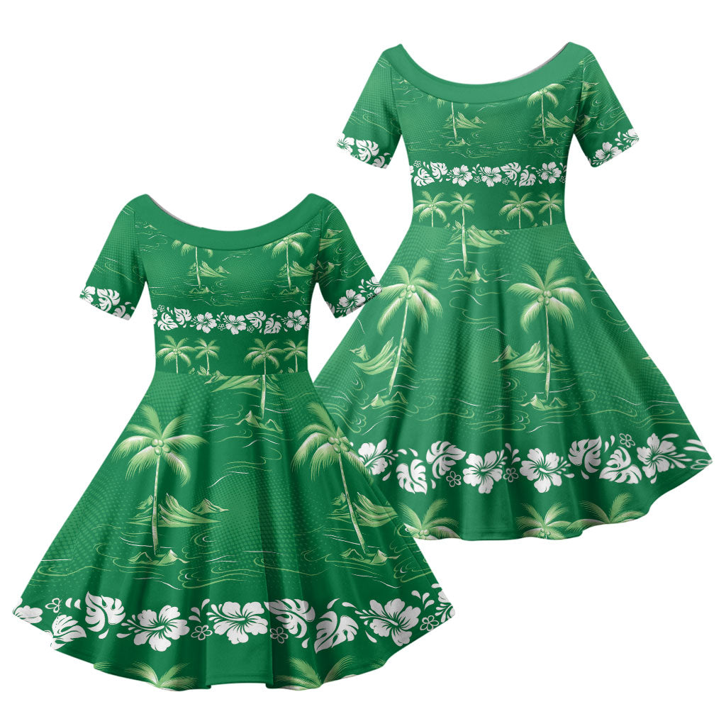 Green Hawaii Palm Tree Hibiscus Family Matching Mermaid Dress and Hawaiian Shirt Fantasy Summer Vibe LT01 Daughter's Dress Green - Polynesian Pride