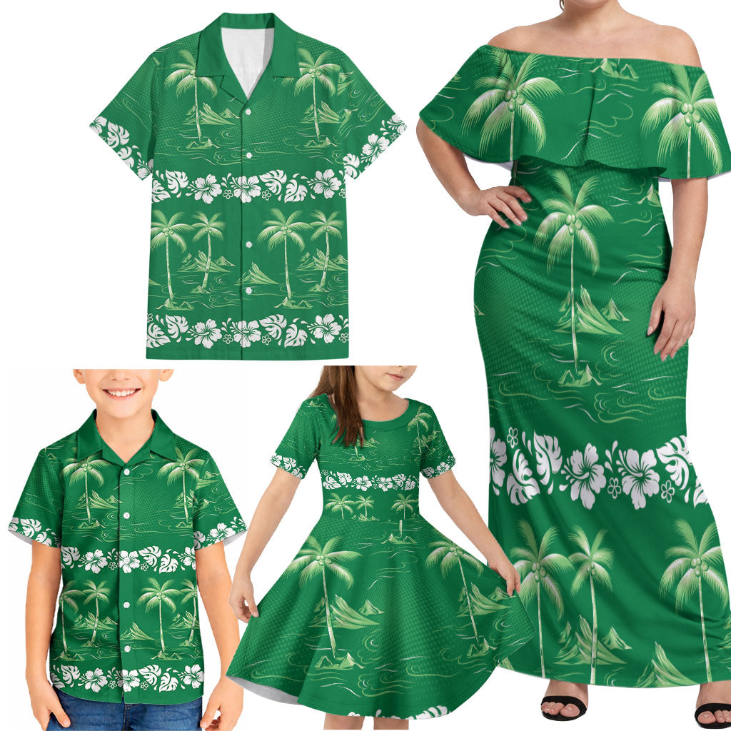 Green Hawaii Palm Tree Hibiscus Family Matching Off Shoulder Maxi Dress and Hawaiian Shirt Fantasy Summer Vibe LT01 - Polynesian Pride