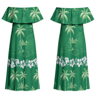 Green Hawaii Palm Tree Hibiscus Family Matching Off Shoulder Maxi Dress and Hawaiian Shirt Fantasy Summer Vibe LT01 Mom's Dress Green - Polynesian Pride