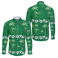 Green Hawaii Palm Tree Hibiscus Family Matching Off Shoulder Maxi Dress and Hawaiian Shirt Fantasy Summer Vibe LT01 Dad's Shirt - Long Sleeve Green - Polynesian Pride