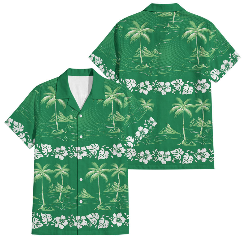 Green Hawaii Palm Tree Hibiscus Family Matching Off Shoulder Short Dress and Hawaiian Shirt Fantasy Summer Vibe LT01 Dad's Shirt - Short Sleeve Green - Polynesian Pride