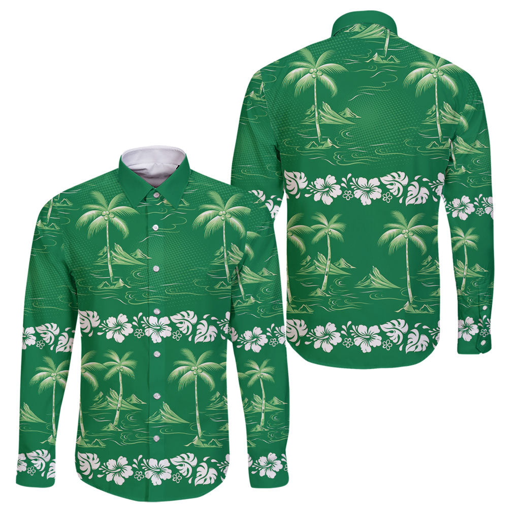 Green Hawaii Palm Tree Hibiscus Family Matching Off Shoulder Short Dress and Hawaiian Shirt Fantasy Summer Vibe LT01 Dad's Shirt - Long Sleeve Green - Polynesian Pride