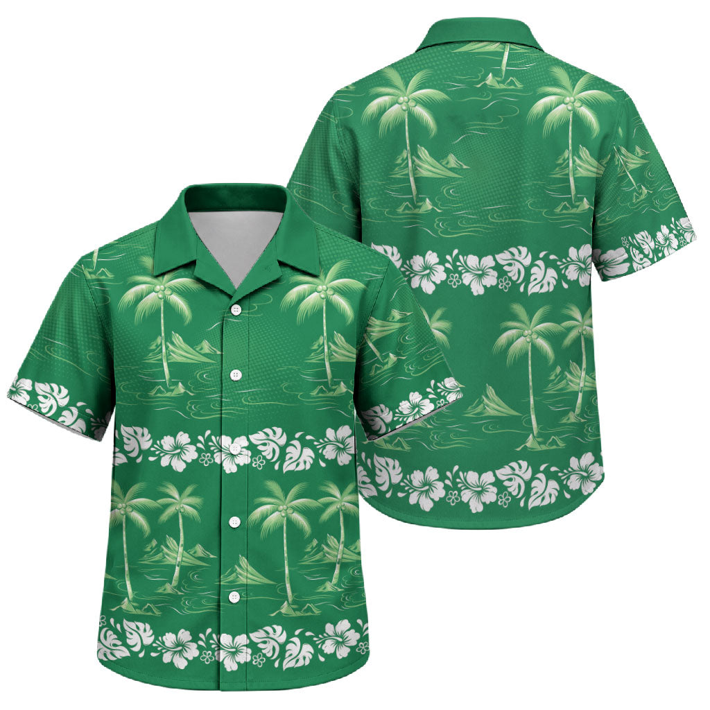 Green Hawaii Palm Tree Hibiscus Family Matching Off Shoulder Short Dress and Hawaiian Shirt Fantasy Summer Vibe LT01 Son's Shirt Green - Polynesian Pride