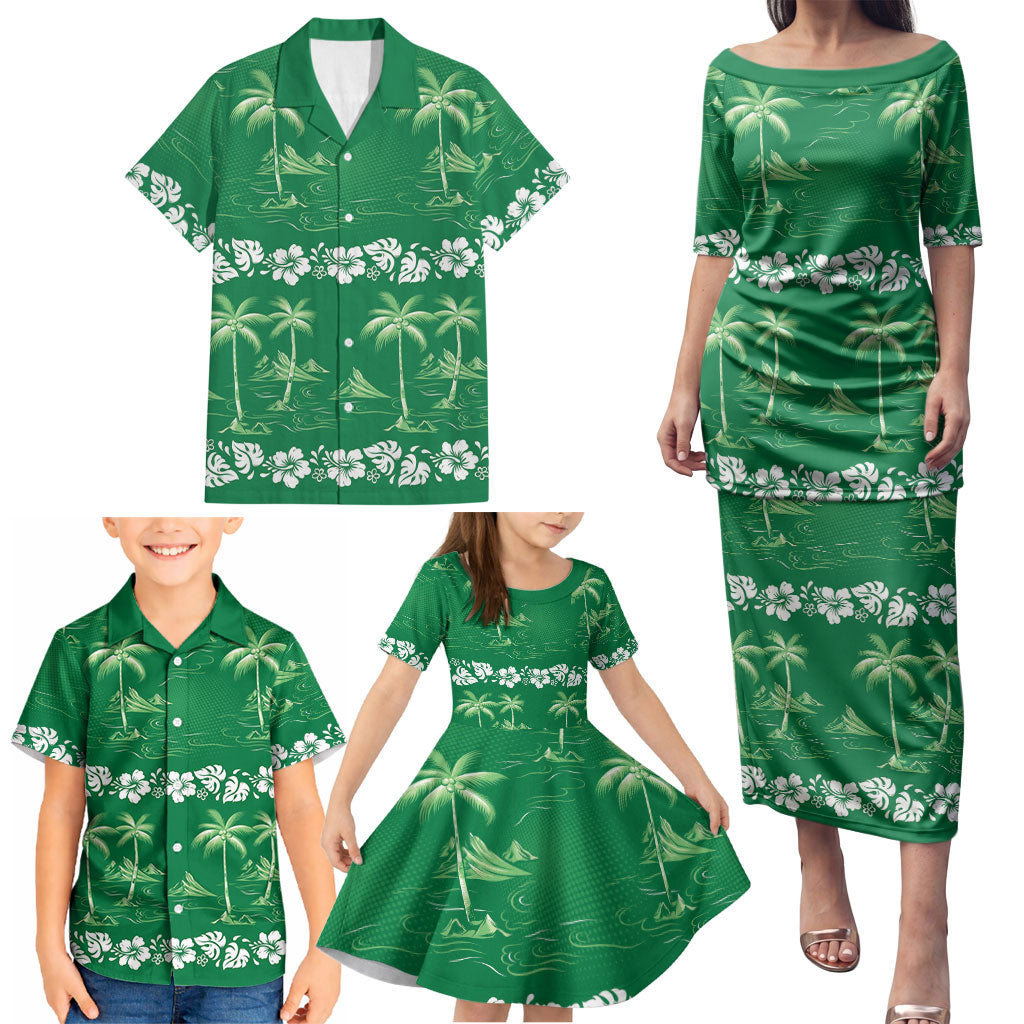 Green Hawaii Palm Tree Hibiscus Family Matching Puletasi and Hawaiian Shirt Fantasy Summer Vibe